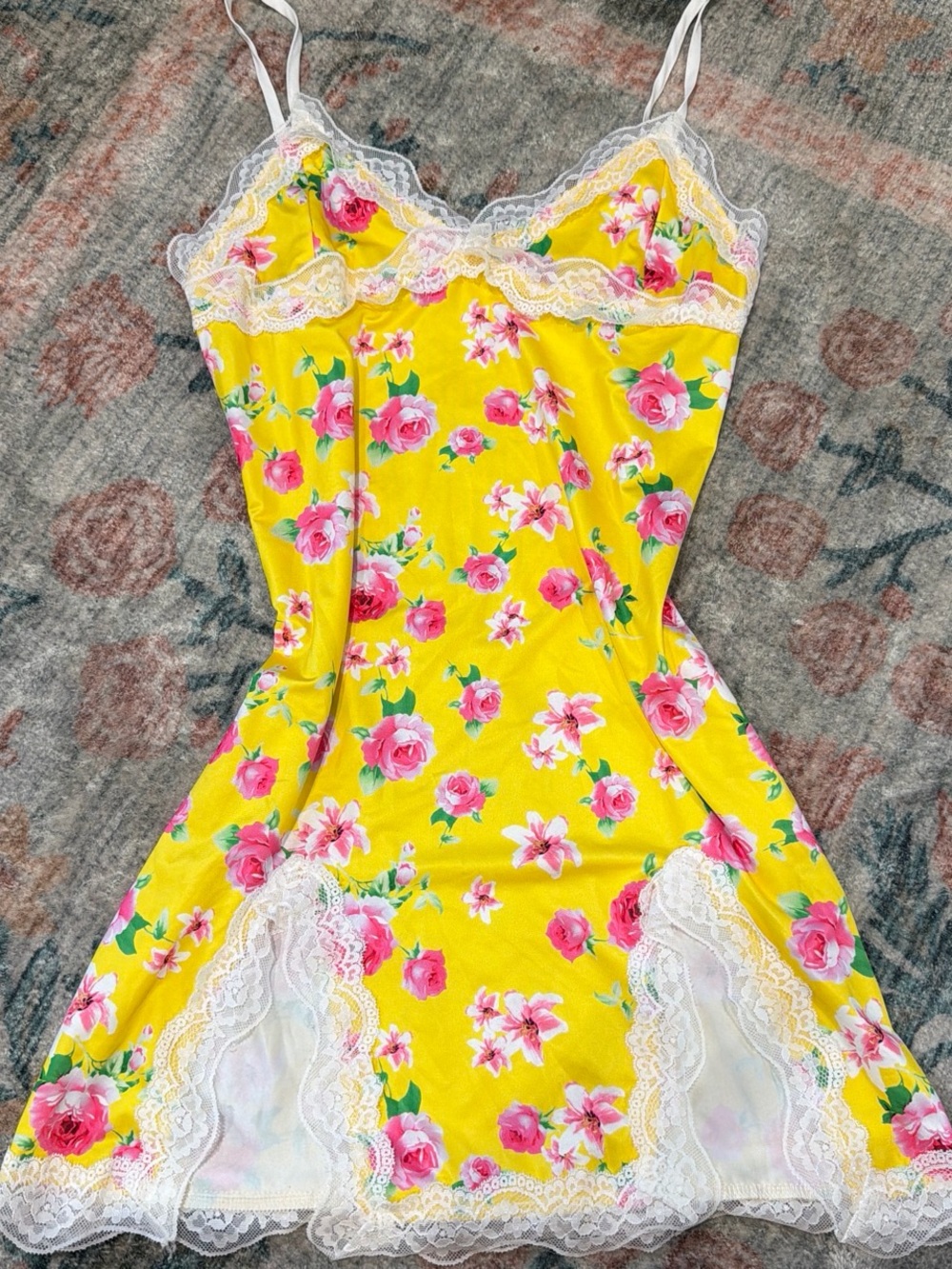 Yellow Floral Lace Trim Slip Dress